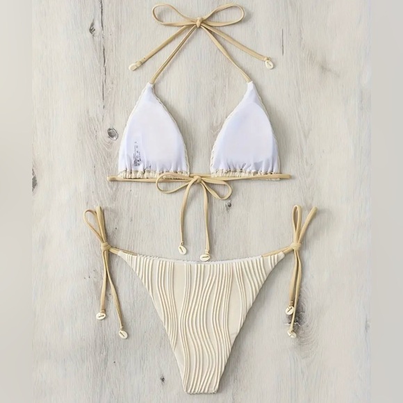 Beige Ribbed Halter Shell Ties Bikini Set - Picture 3 of 11